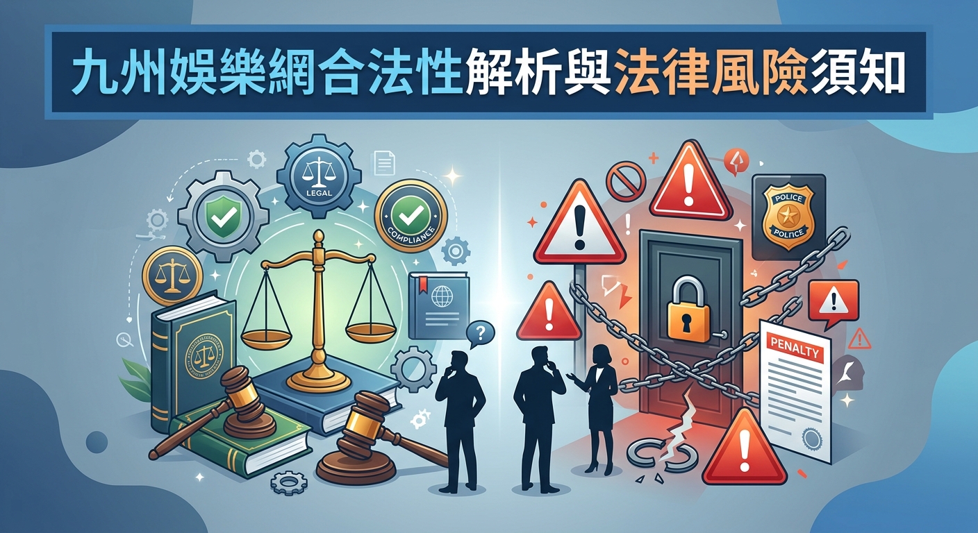 這張插圖以左右對比的方式展現，左側涵蓋天平、法典與合規標章等法律分析元素，右側則包含警告標誌、鎖鏈與裁罰文件等風險象徵。 畫面頂部醒目地標示主題標題「九州娛樂網合法性解析與法律風險須知」，整體呈現專業且嚴肅的資訊圖表風格。